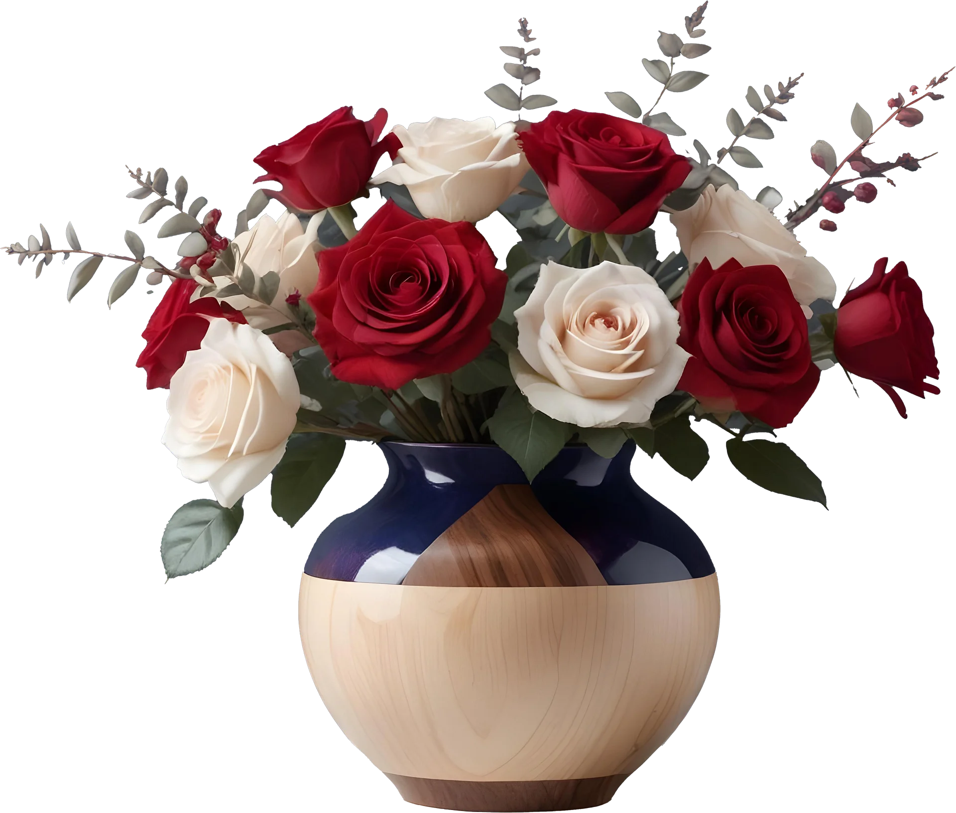 Dual-Tone Wood and Blue Vase with Red and White Roses PNG product image (1)