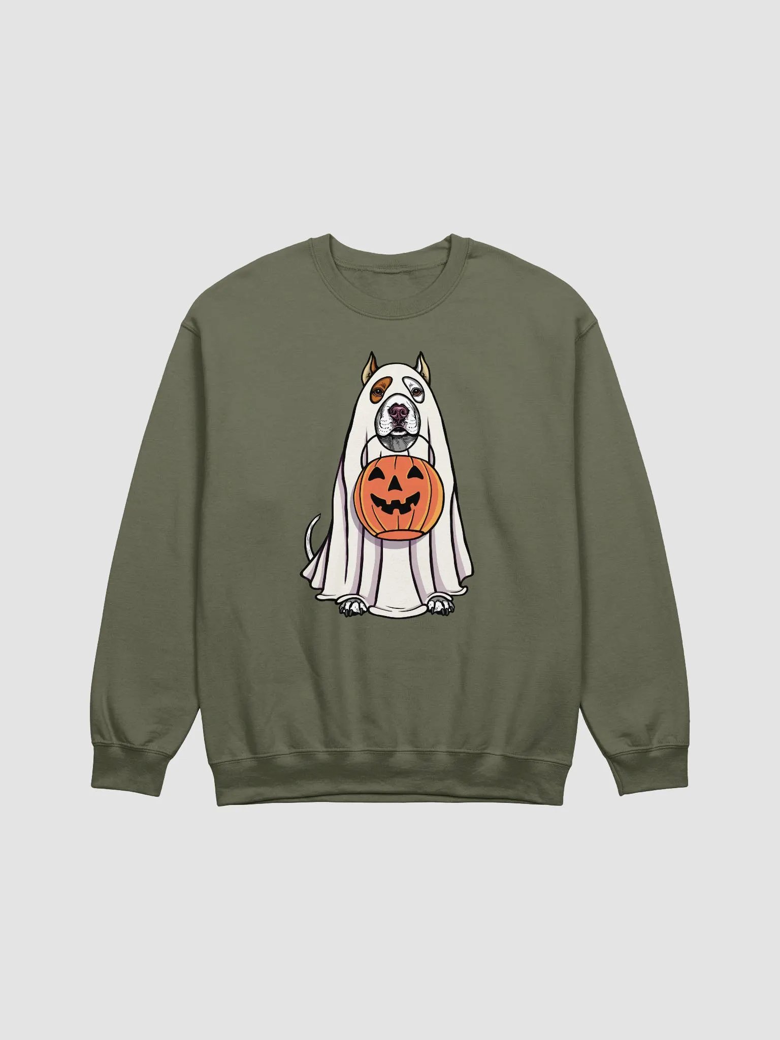 Funny Halloween Pitbull Terrier(Cropped Ears, White) Sweatshirt | Funny Pittie Wearing a Ghost Costume and Holding a Pumpkin Basket product image (1)