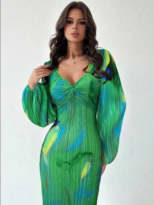 ADLEST Women Tie Dye Pleated Lantern Sleeve Dress product image (4)