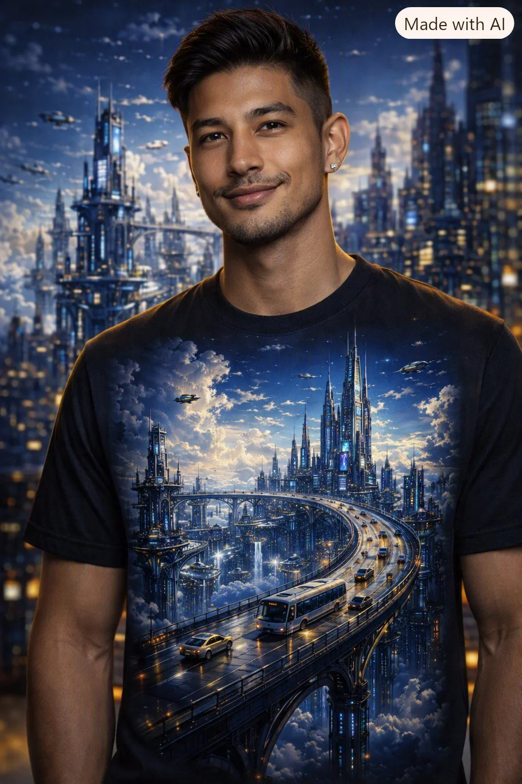 Futuristic Sky City Cyberpunk T-Shirt | Sci-Fi Urban Dreamscape product image (1)