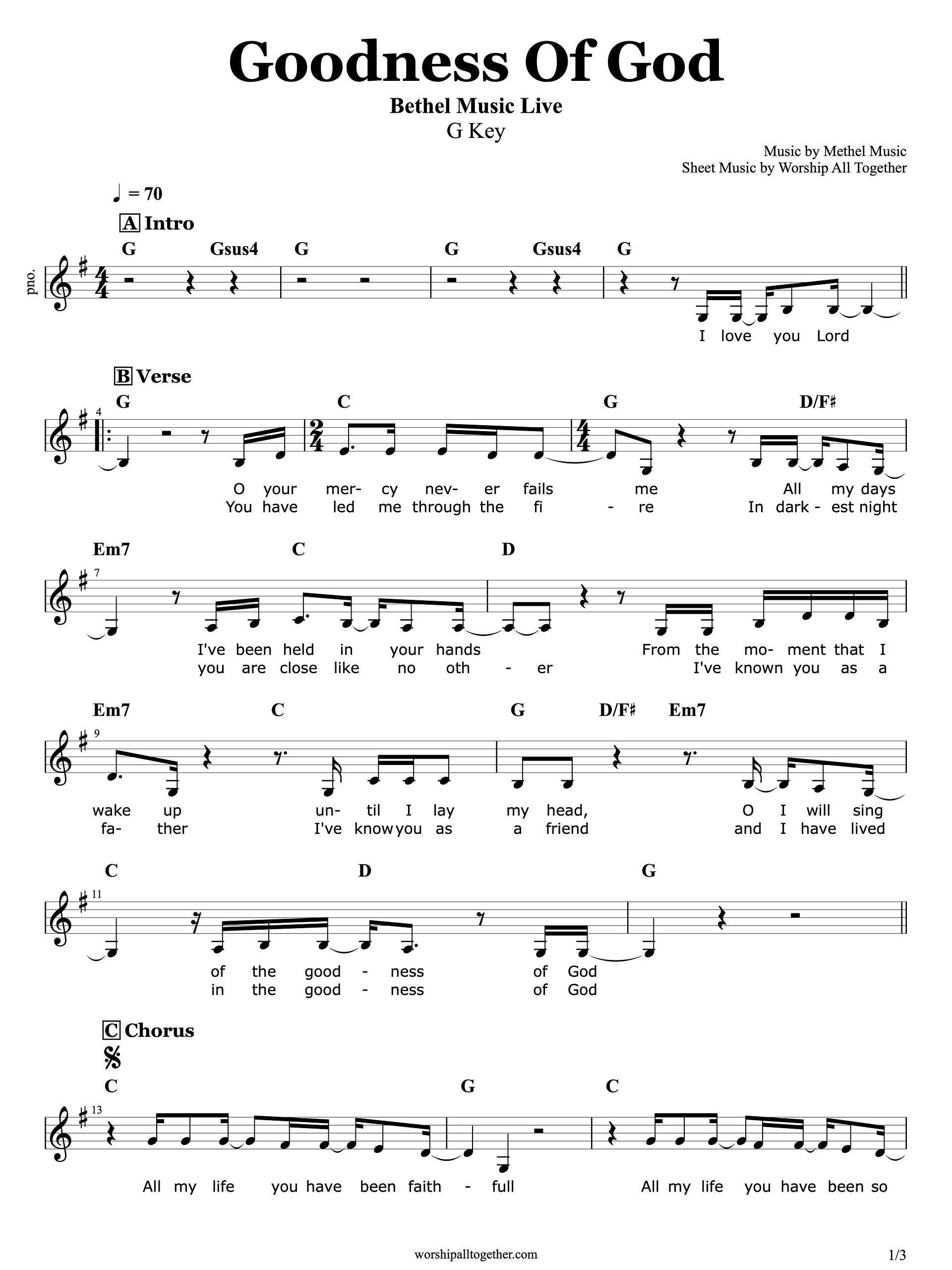 Goodness Of God (G Key) - Bethel Music | Sheet Music, Chord, Lyrics product image (1)