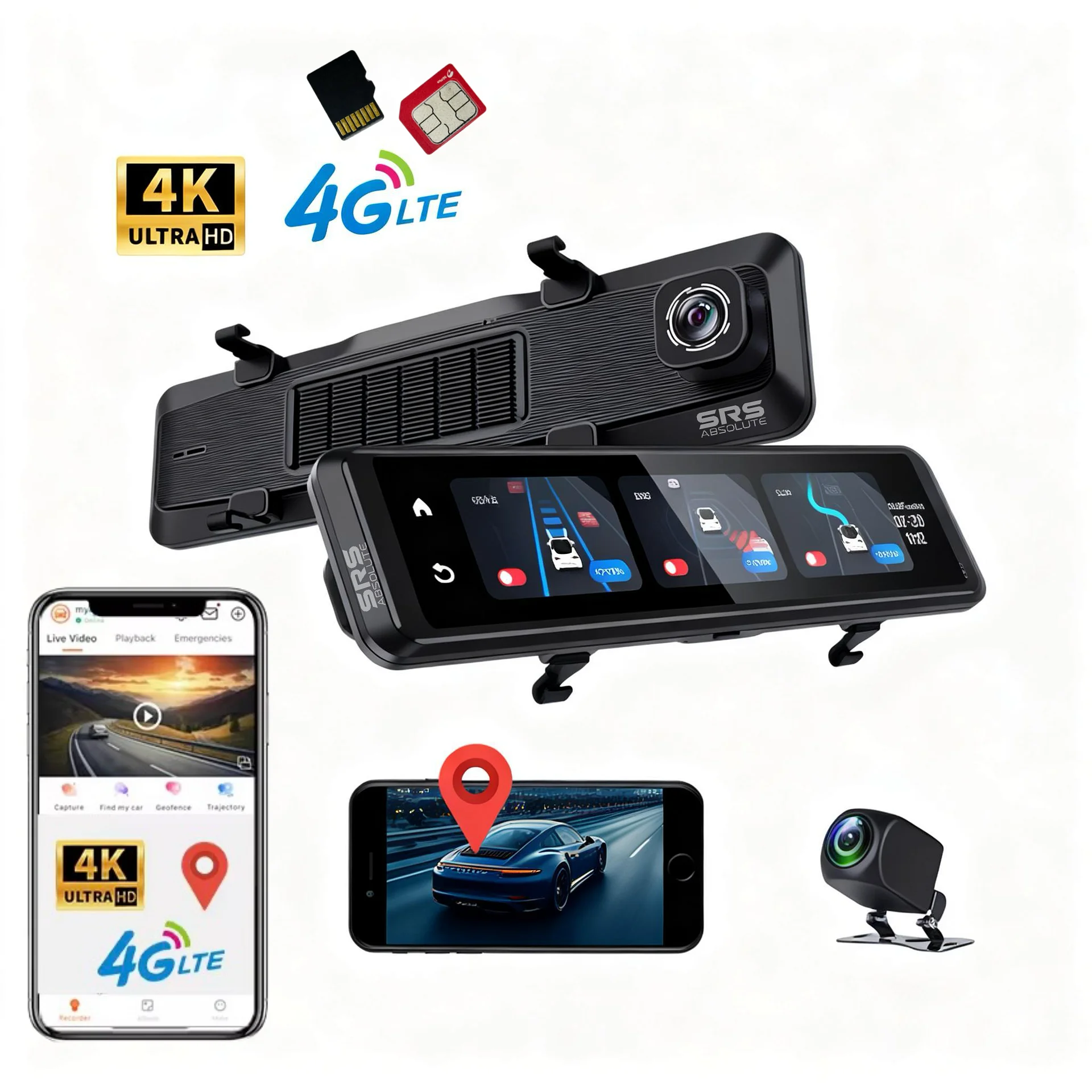 SRS ABSOLUTE 4K 4G Mirror Dash Cam Front Rear Dual Record GPS Tracking Live Video ADAS BSD Park Monitor Timelapse Reverse Parking Remote Playback Voice Calling 1TB MicroSD SIM Support product image (1)