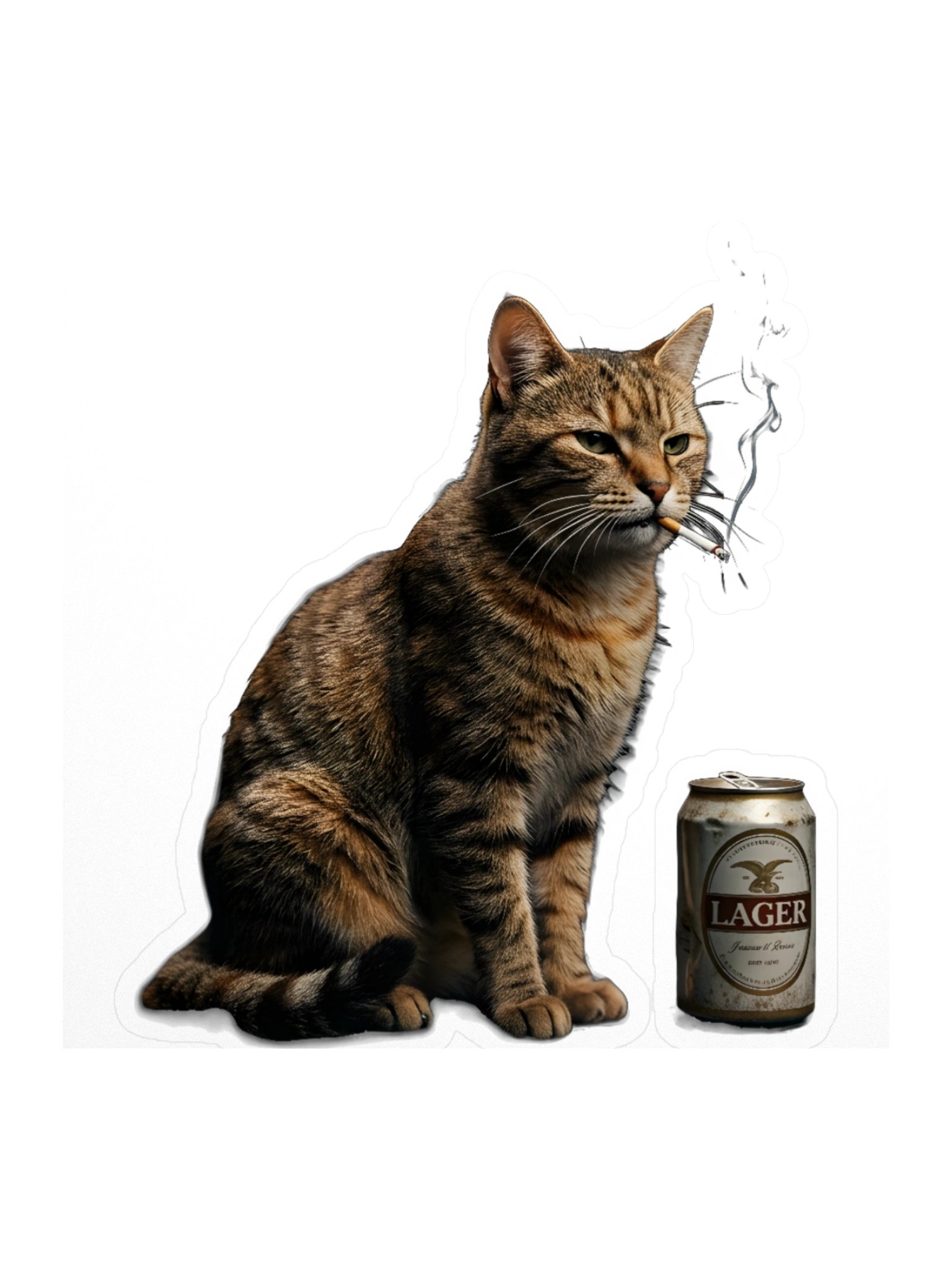 Grumpy Cat Smoking Sticker – Funny Tough Tabby Cat with Beer Decal for Laptop, Water Bottle & Guitar Case product image (1)