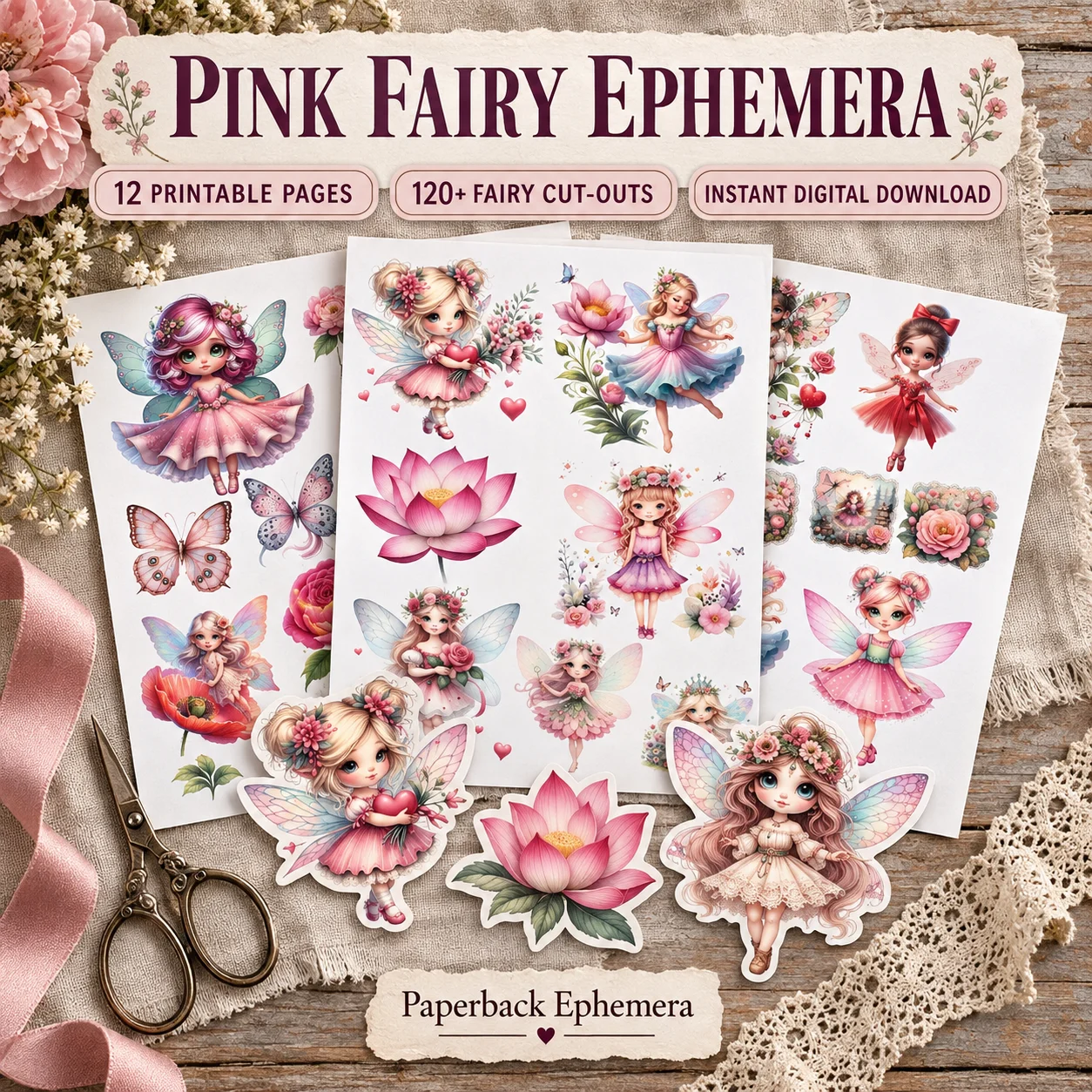 Pink Floral Fairy Fussy Cuts | 120+ Printable Ephemera for Junk Journals & Collage (Digital Download) product image (3)