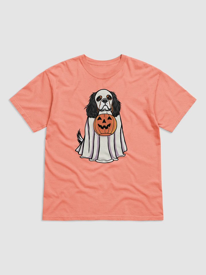 Funny Halloween Cavalier King Charles Spaniel(Tricolor) T-Shirt | Funny Cavalier Wearing a Ghost Costume and Holding a Pumpkin Basket product image (1)