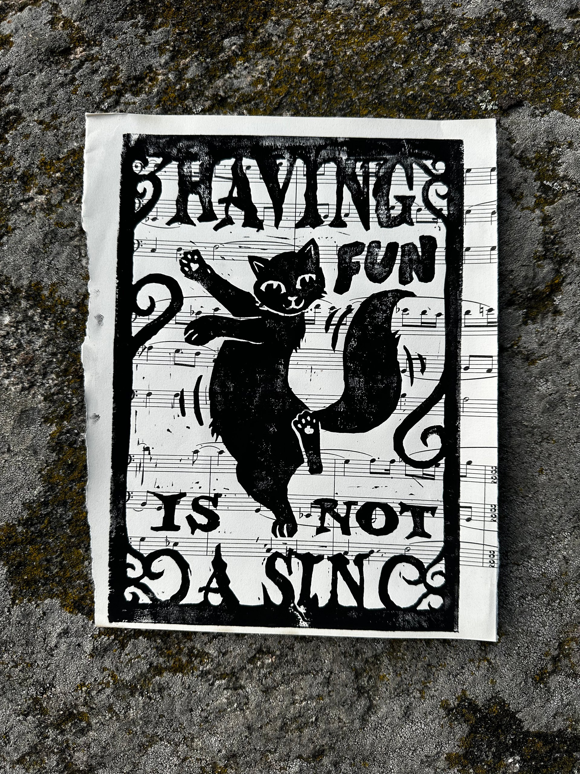 HAVING FUN IS NOT A SIN dancing cat original lino print (14) product image (1)