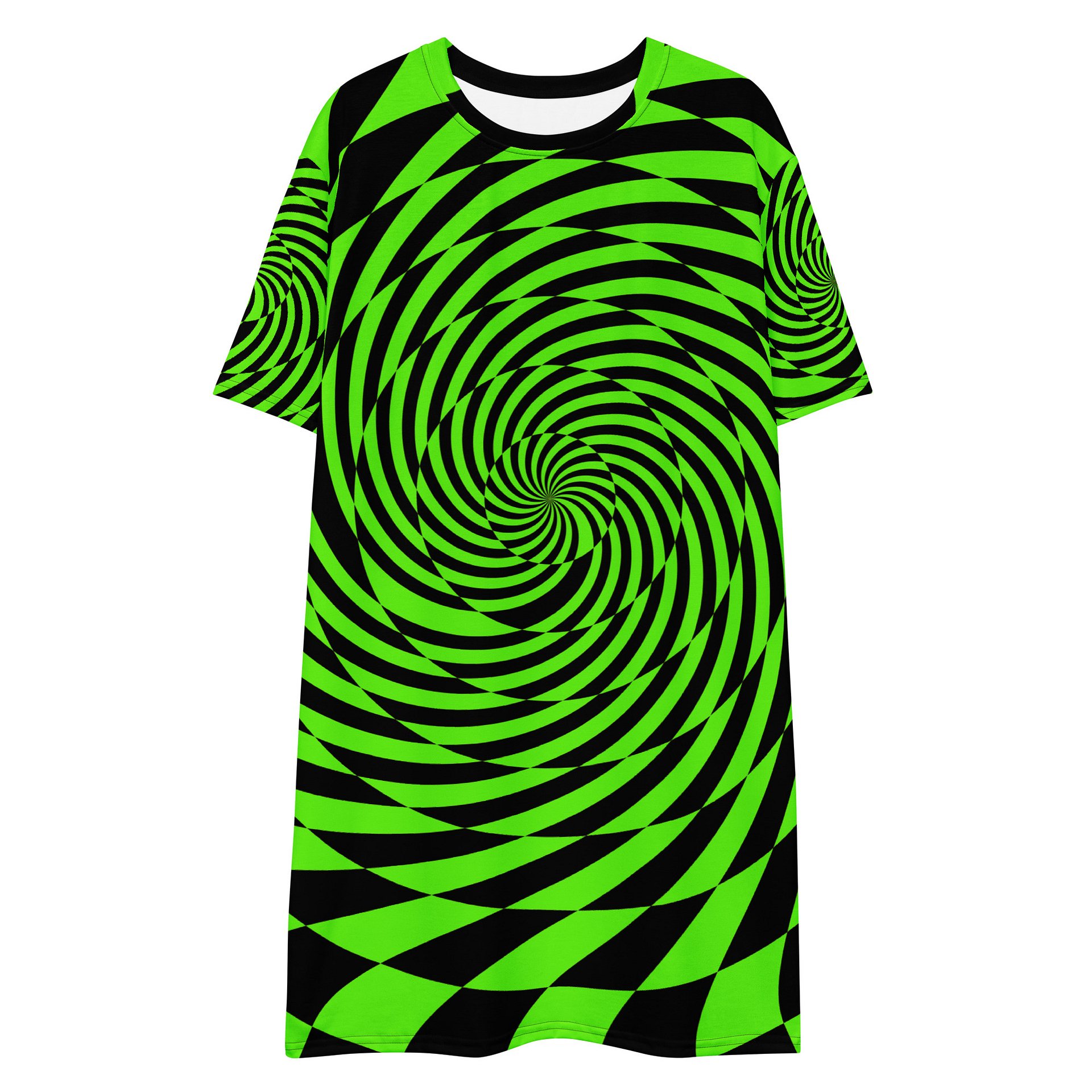 Trippy Rave Wear Spirals T-Shirt Dress, Psychedelic EDM Festival Outfit, Neon Green Black Alternative Fashion, Dance Party Checker Clothing product image (3)
