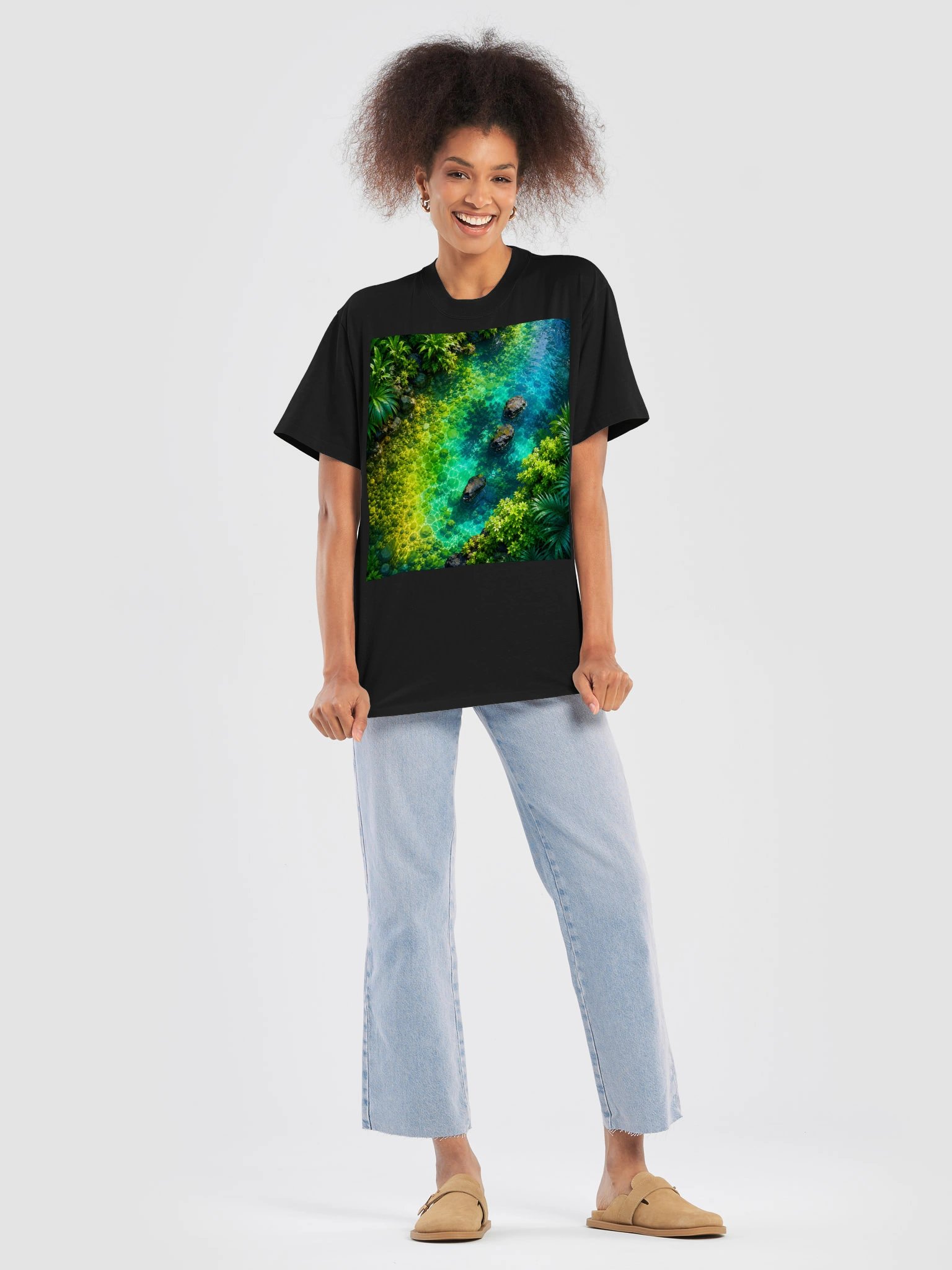 Turquoise Jungle River T-Shirt | Lime Green & Teal Tropical Nature Graphic Tee | Unisex Oversized Shirt product image (8)