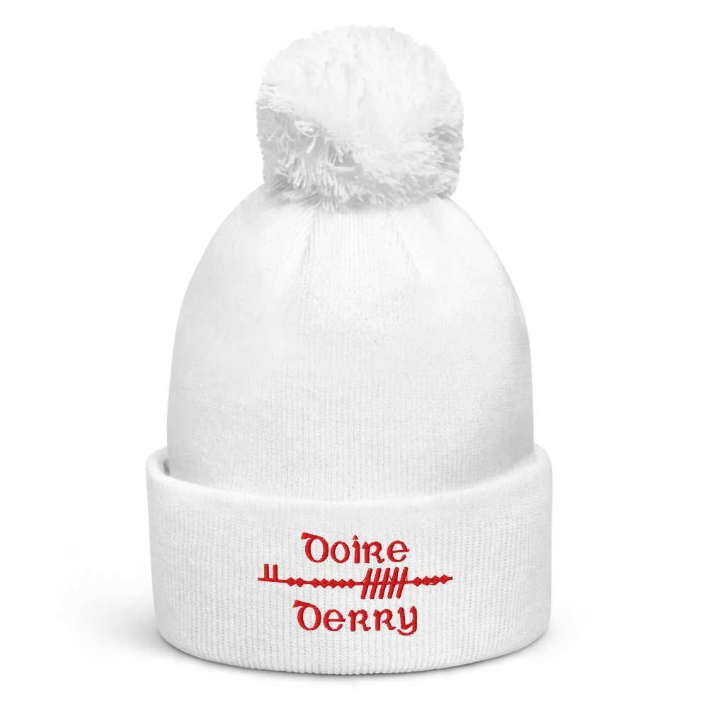 Derry/Doire Scholastic Ogham, white with red, embroidered Pom-Pom Beanie product image (1)