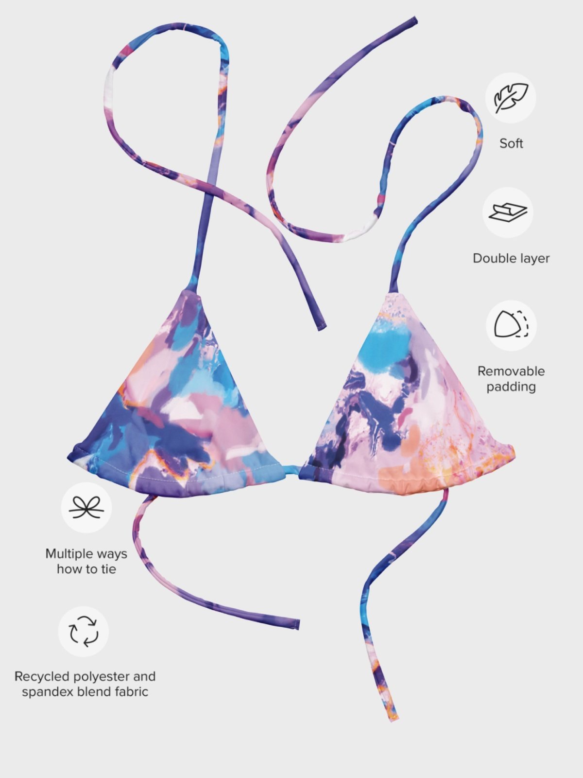 Triangle Bikini Top "Marble Effect Pastel Blue Purple Dreamy Waves" product image (6)