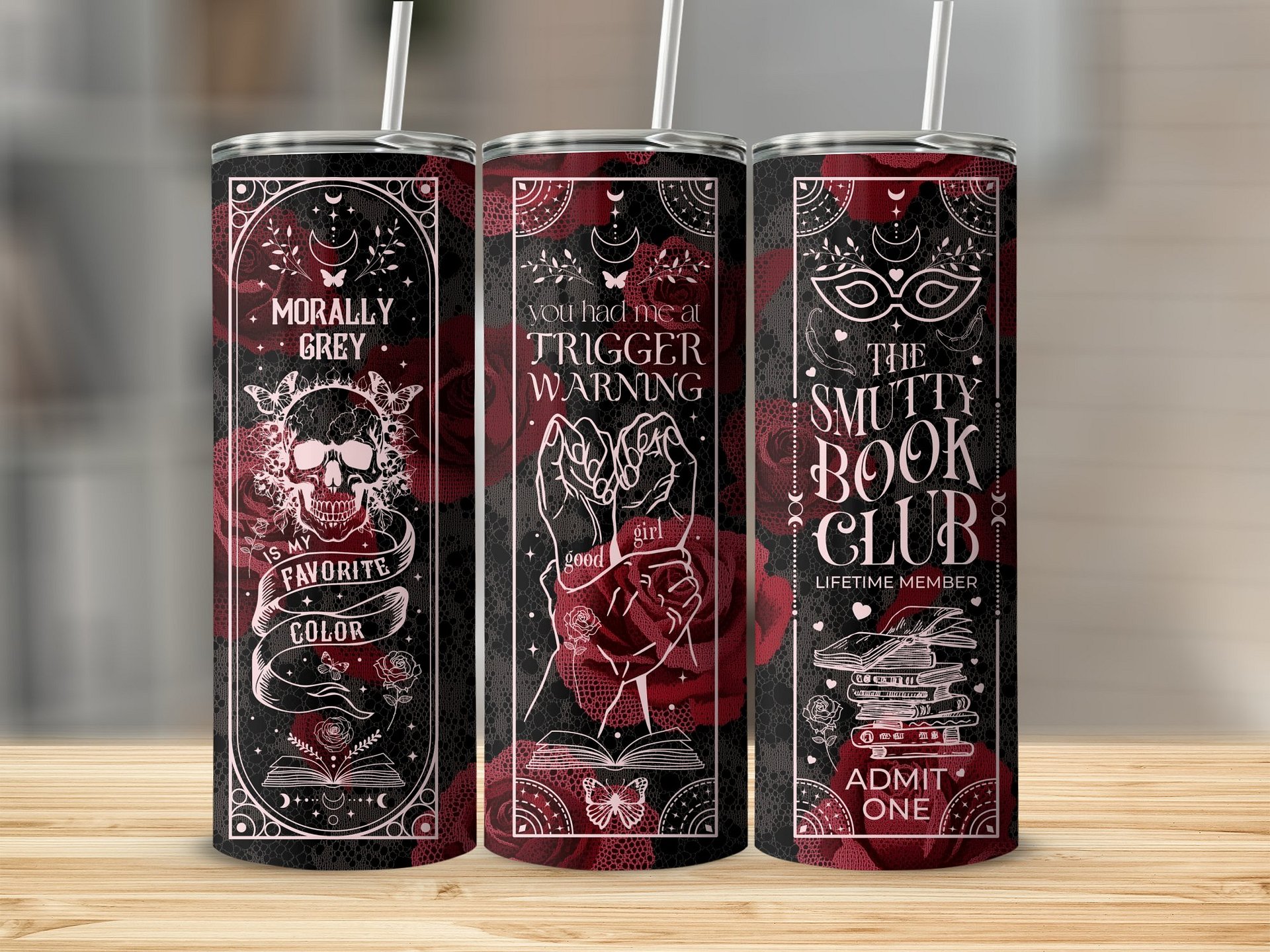 Skull Roses Black Red Smut Book Reader Dark Romance 20oz Tumbler Wrap PNG, Pink Morally Grey, Seamless Sublimation Design, Digital Download product image (5)