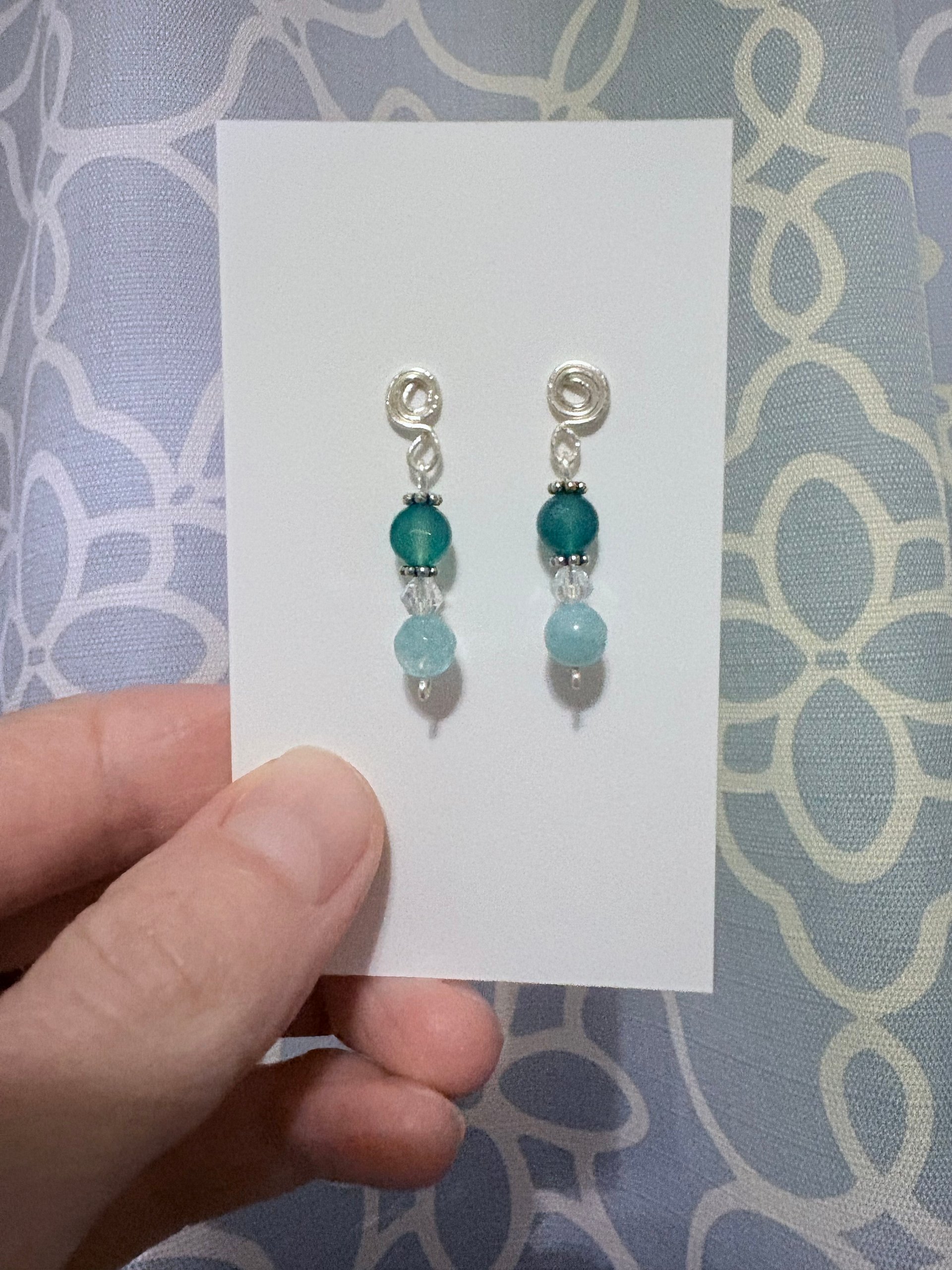 MFD-00306 | Aquamarine & Jade Colored Semi-Precious Bead Earrings – Handcrafted Spiral Post Earrings for March Birthdays | Elegant Coastal Jewelry product image (3)