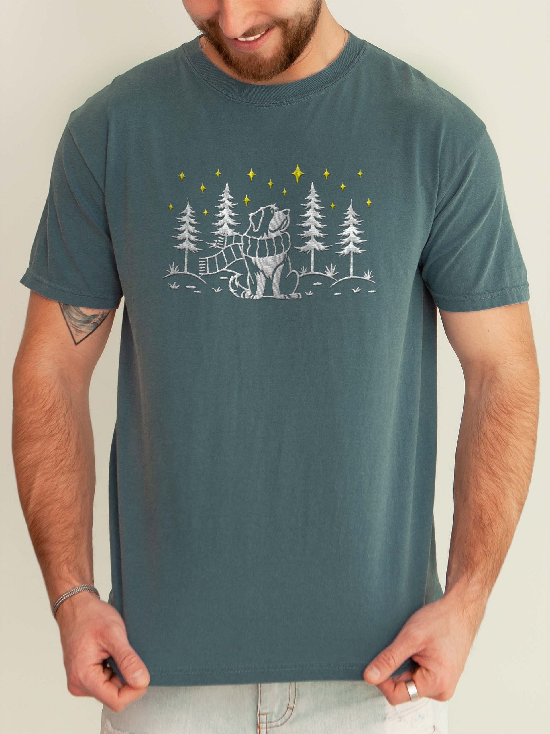 Bernese Mountain Dog Winter/Christmas Line Art Design Embroidered T-Shirt product image (2)