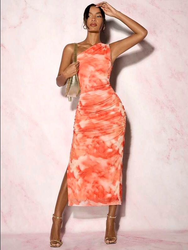 ADLEST Elegant Ladies' Asymmetric Collared Ink-Dyed One-Shoulder Ruched Slit Dress Maxi Women Outfit product image (1)
