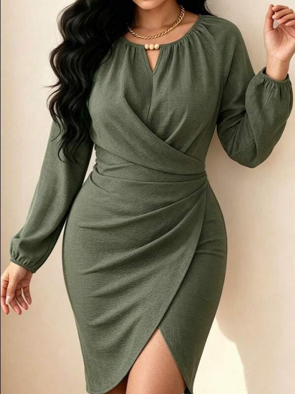 ADLEST Elenzga Women's Plus Size Beaded Wrap Cross Slit Cinched Waist Long Sleeve Dress, Suitable For Daily Streetwear And Commuting product image (5)