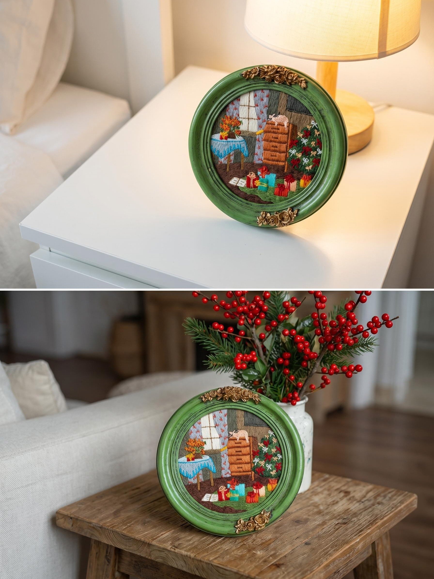 Christmas Cottage Memories Impression Embroidery Artwork in Vintage Distressed Frame product image (5)