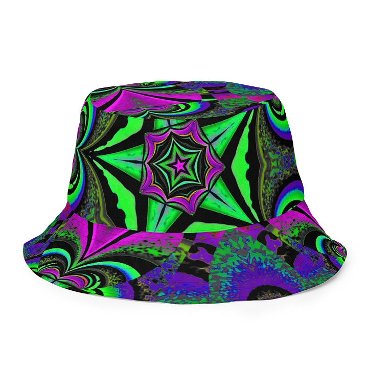 Psychedelic Stoner Raver Reversible Bucket Hat, Weird Weed Leaf 420 Festival Fashion Accessory, Kaleidoscope Star Trippy Cannabis Art product image (1)