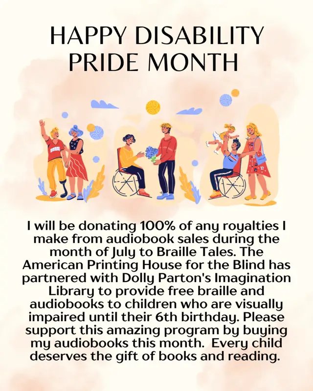 I will be donating ALL royalties made from audiobook sales this month to a wonderful program called Braille Tales! American Printing House for the Blind has partnered with Dolly Parton's Imagination Library to bring children who are visually impaired the gift of free Braille and audiobooks until their 6th birthday. Every child deserves the gift of reading no matter what. Please support this amazing cause this Disability Pride Month by buying my audiobooks 🎧 📚  #audiobooks #brailletales #disabilitypridemonth 