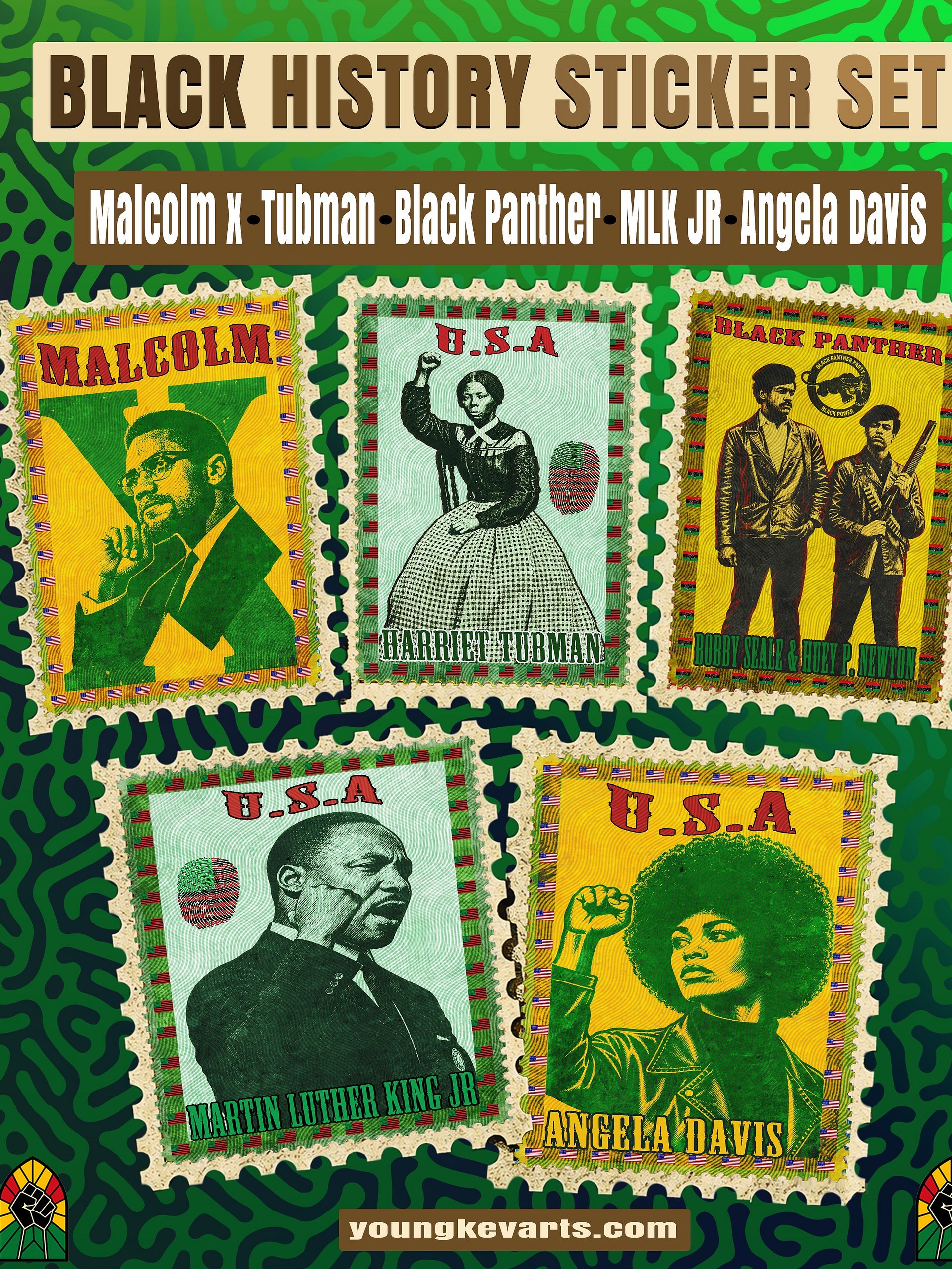 Black History Sticker Set: Vintage Stamp - Malcolm X, Tubman, MLK, Davis product image (1)