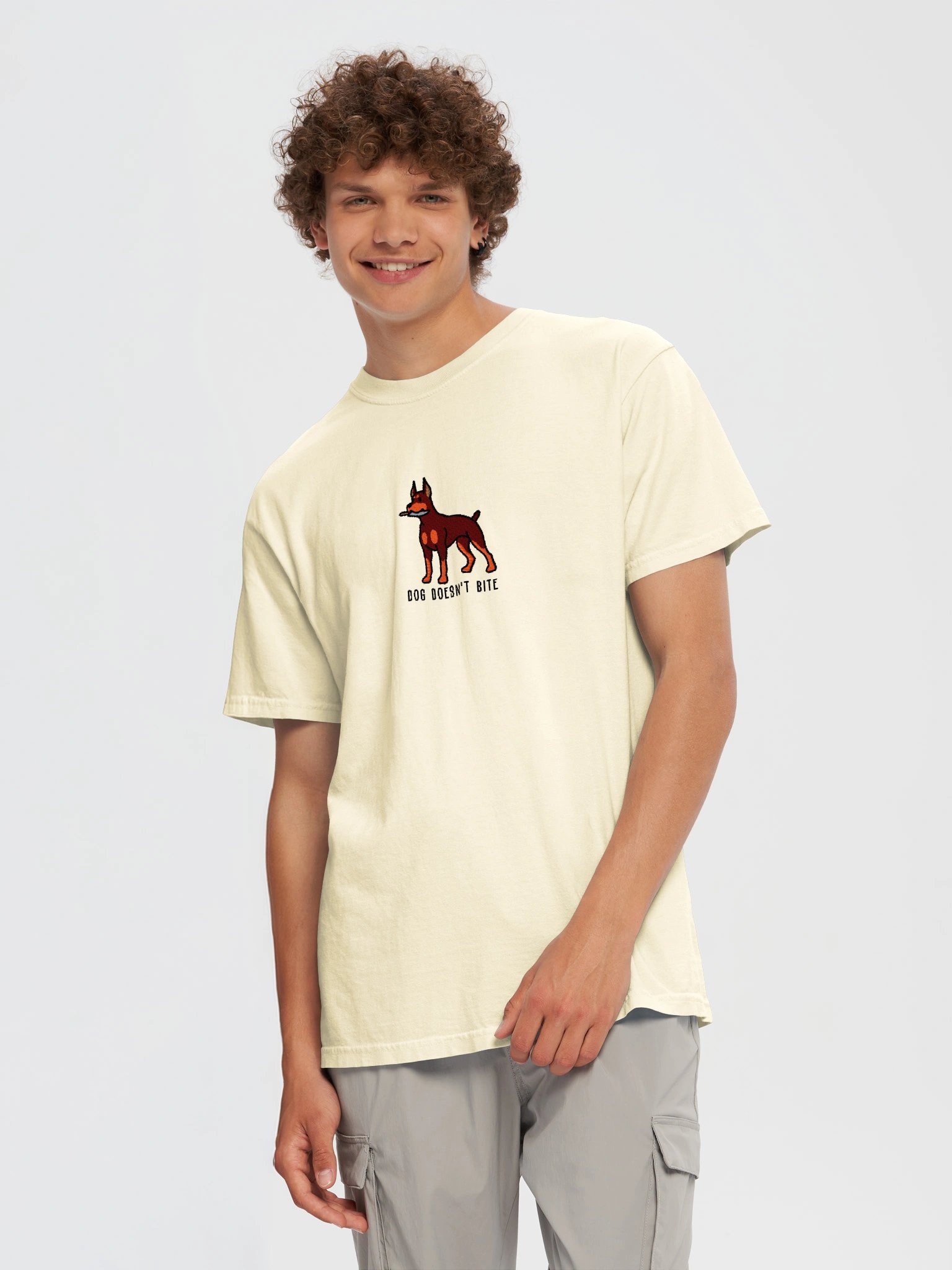 Dog Doesn't Bite Funny Chibi-Style Embroidered T-Shirt for Doberman Pinscher(Red & Tan, Cropped Ears) Owners product image (113)