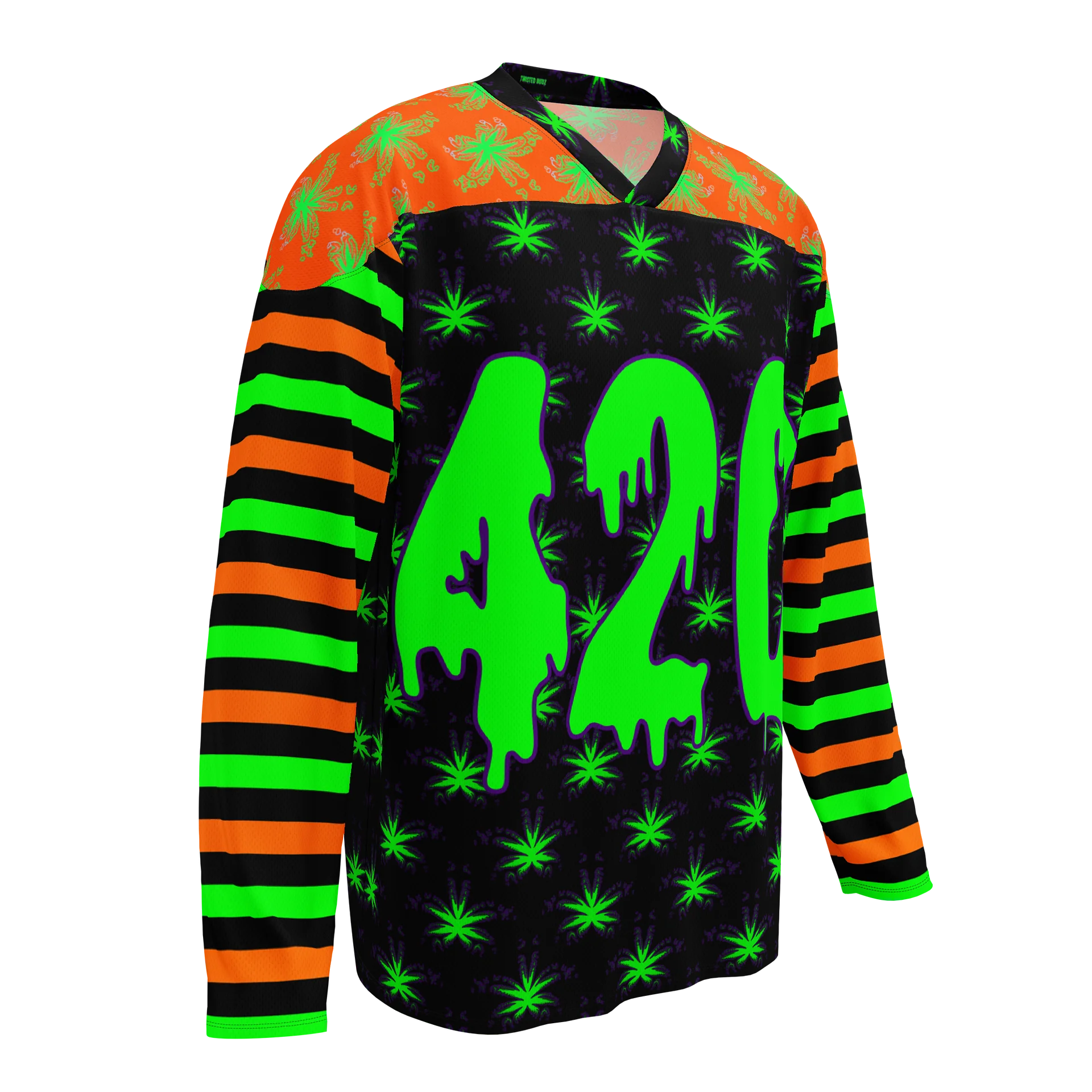 420 Halloween Hockey Jersey, Creepy Cannabis Clothes, Weed Leaf Fall Festival Fashion, Stoner Rave Stripe Shirt, Orange Black Green EDM Wear product image (4)