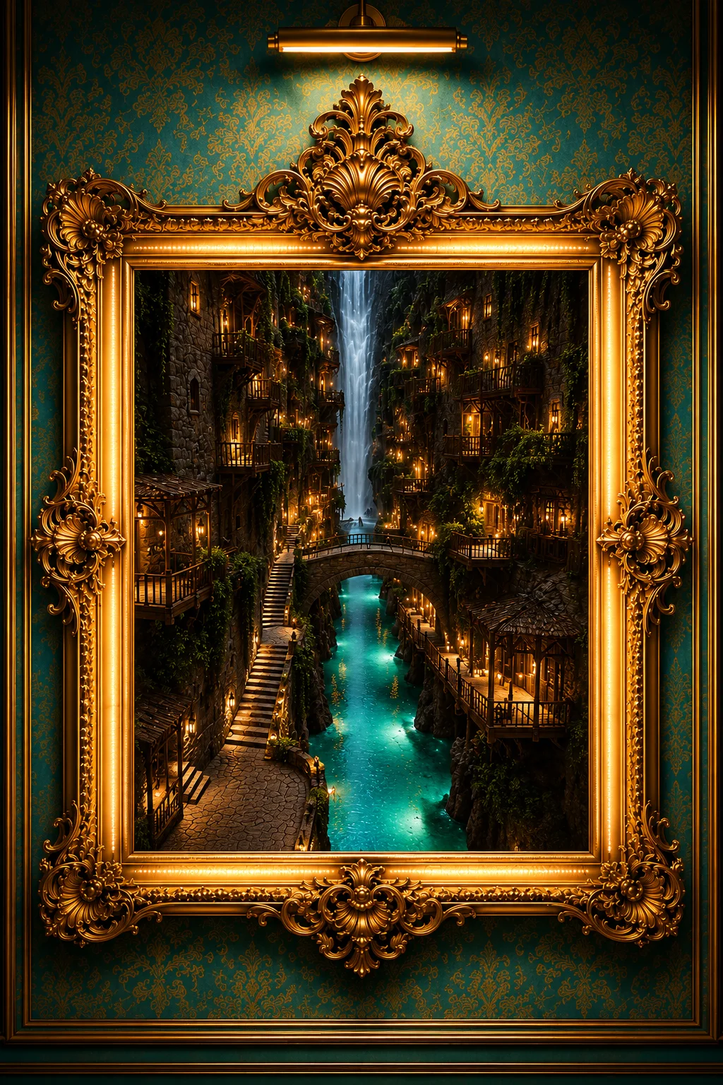 Luxury Maximalist Waterfall Village Wall Art, Turquoise Fantasy Dreamscape, Baroque 10x10 Poster product image (1)