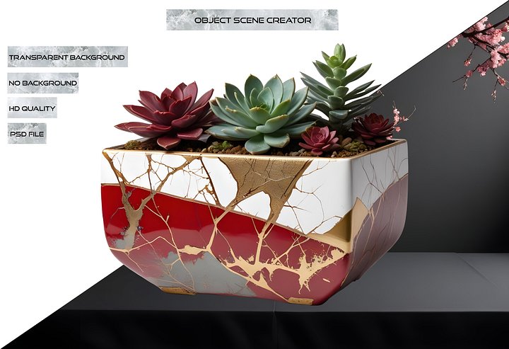 Kintsugi Harmony – Red and White Succulent Planter PNG product image (2)