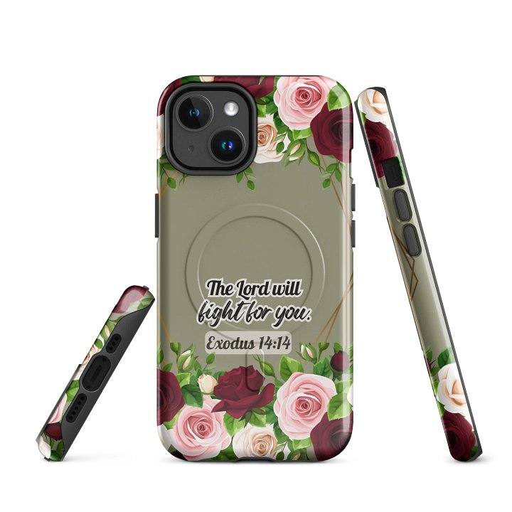 The Lord will Fight for You Exodus 14:14, Tough MagSafe® iPhone® Magnetic Case Scripture, Sunflower Bible Verse, iPhone 14, 15, 16, 17, Pro, Pro Max, Plus Cases. product image (1)