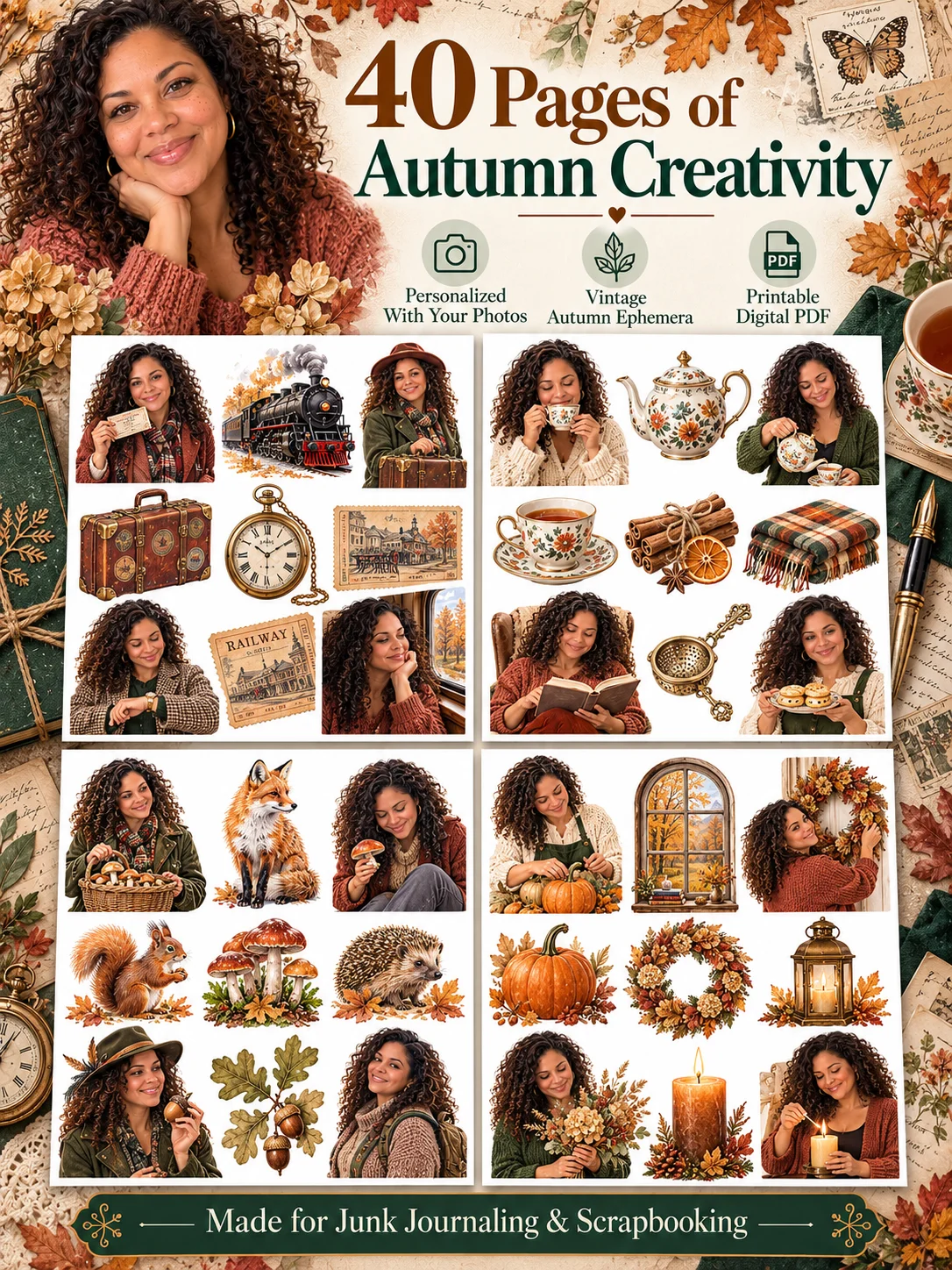 Personalized Fall Ephemera for Junk Journals: 40 Printable PDF Pages of Vintage Autumn Scenes, Cozy Decor, Pumpkins, Clothes & Woodland Animals for Scrapbooking, Collage, Mixed Media and Decoupage product image (3)