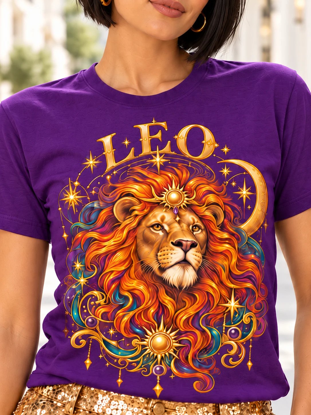 Leo Zodiac T-Shirt With Fiery Celestial Lion Artwork product image (1)