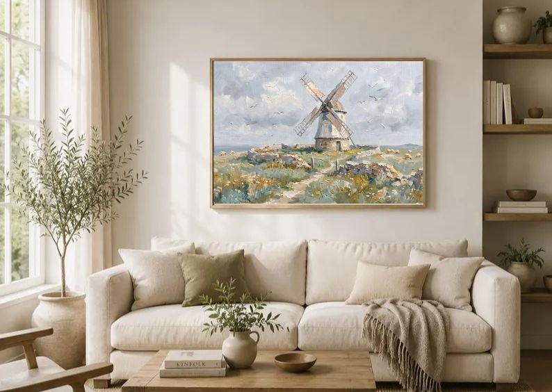 Rare Watercolor Coastal Wall Art Bundle of 3 – Shipwreck on Sandbar, Old Windmill on Coastal Hill & Waves at Sea Cave Entrance, Fine Detail Nautical Print product image (2)