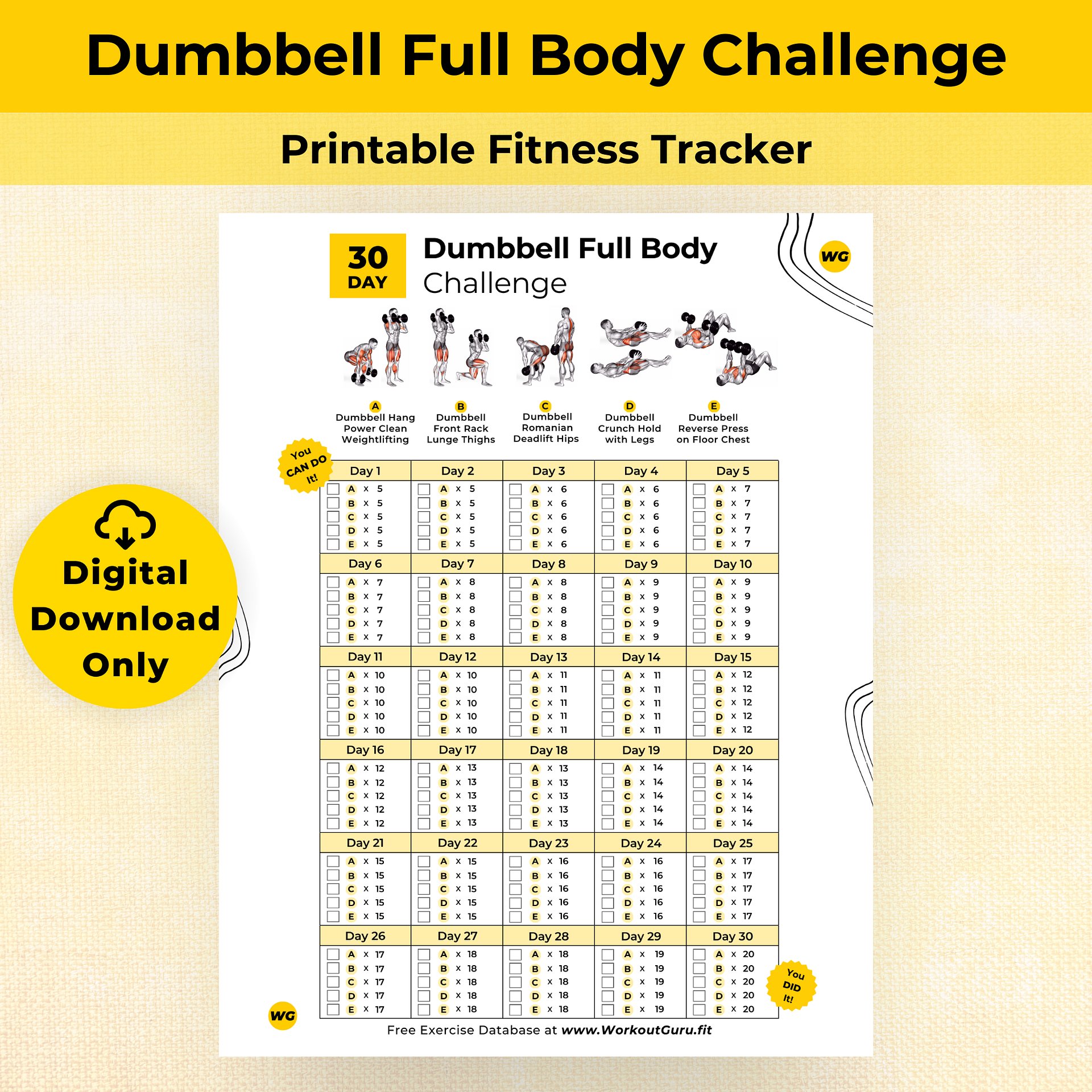 30 Day Dumbbell Full Body Challenge - Printable Workout Tracker product image (1)