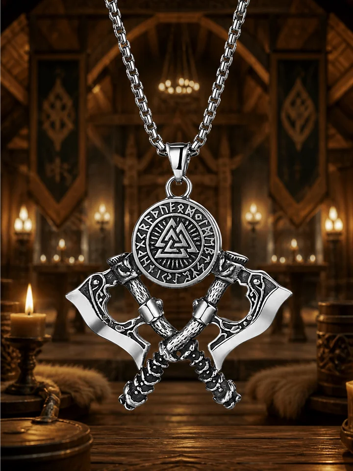 The Armored Kingdom Nordic Valknut Rune Viking Warrior Double Axe Stainless Steel Necklace product image (1)