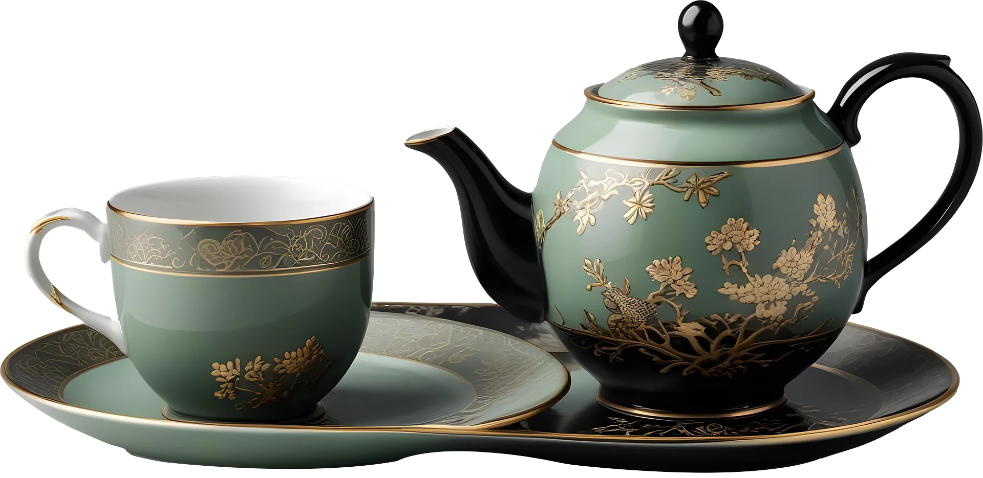 Mint Green and Black Chinese Tea Set with Gold Floral Accents PNG product image (1)