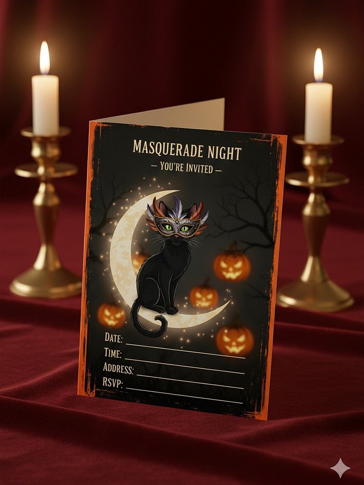 Halloween Masquerade Invitation, Black Cat Party Invite, Masquerade Night Card, Printable Halloween Invite, Elegant Masquerade Party product image (1)