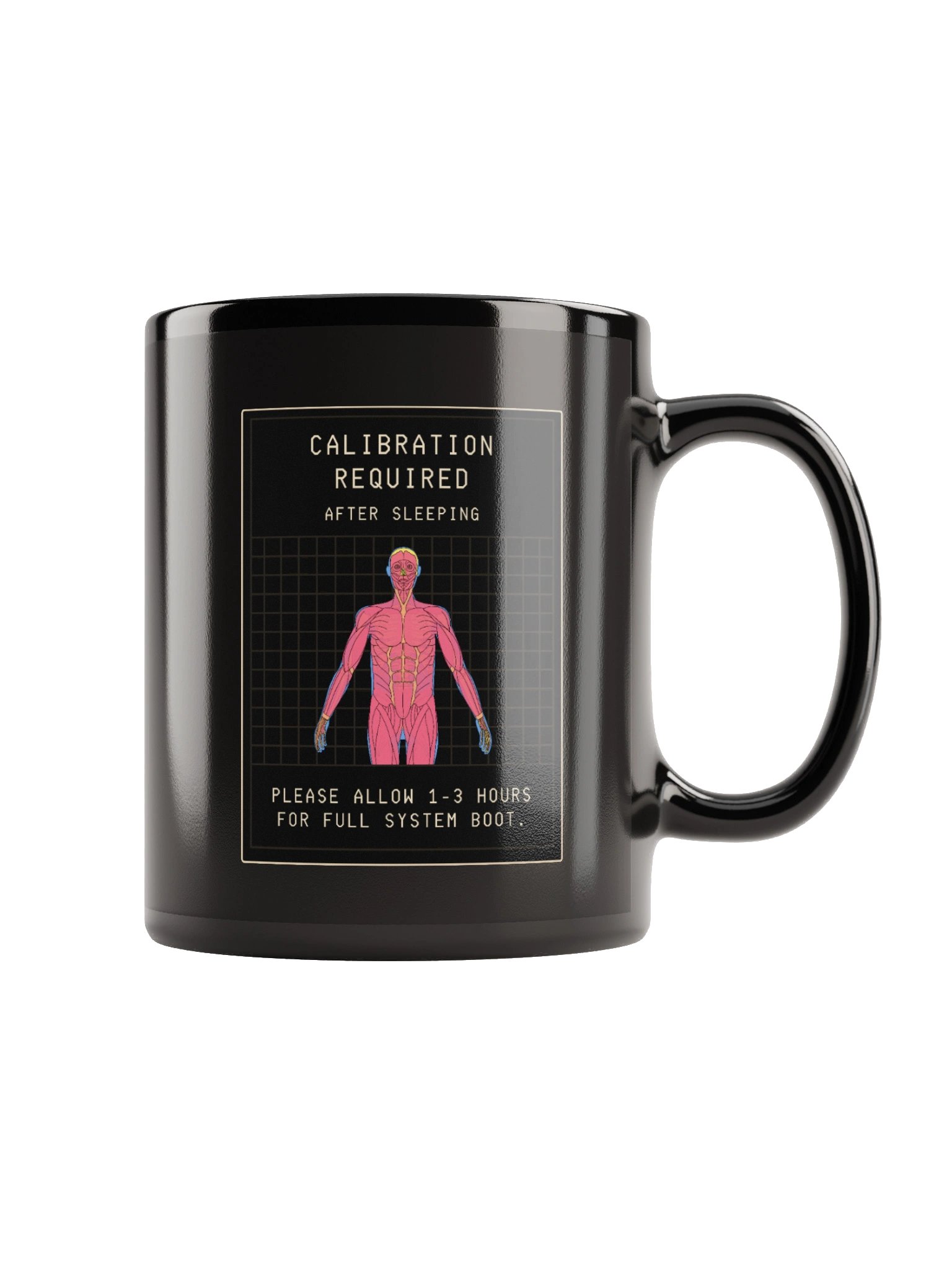 Calibration Required Black Mug | Chronic Illness Morning Boot Humor Cup product image (3)