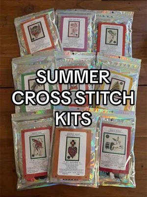summer kits * i have two of each of these almost ready for aug 23 at prairie state tattoo co. $35-50 depending on the kit! they're pretty chonky packets, i made sure to get to quality hoops and whole cuts of fiddlers cloth for these which is pretty thick and beginner friendly! #crossstitch #americantraditional #needlework #tattoo #artistsoftiktok 