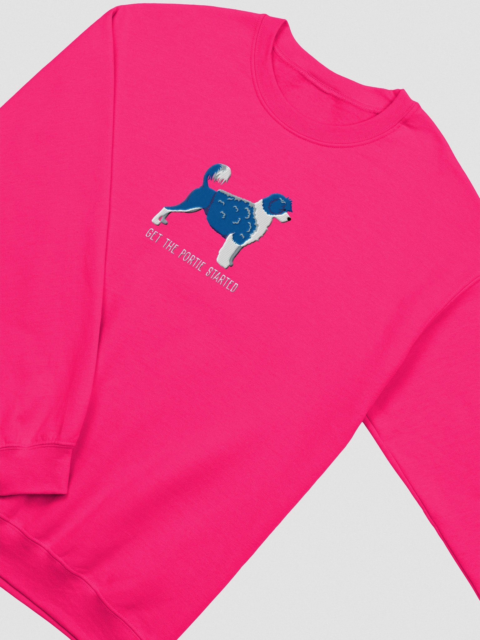 Get the Portie Started Sweatshirt (Embroidered) of a Portuguese Water Dog(Blue & White) product image (6)