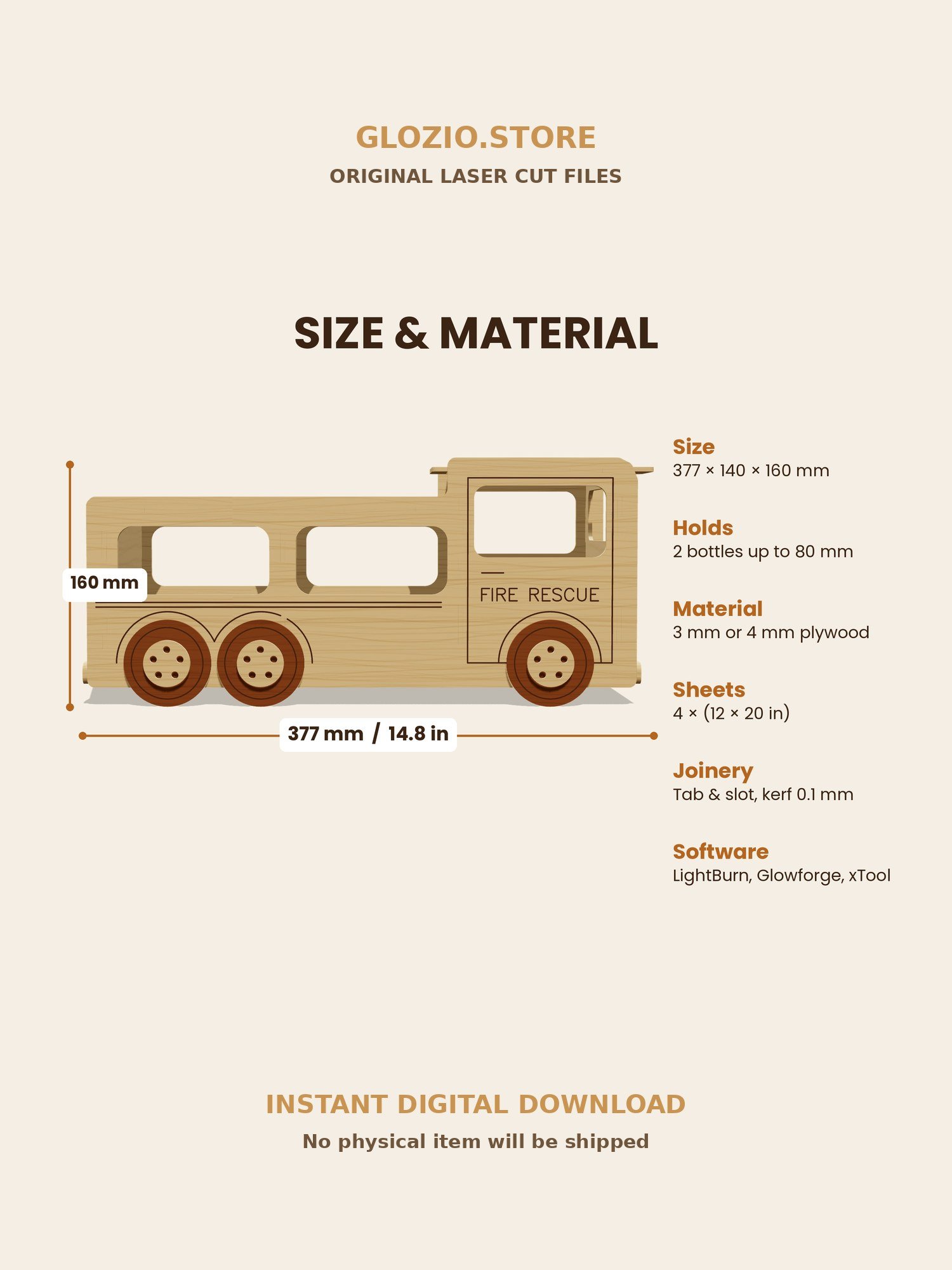 Fire Truck Wine Bottle Holder – Laser Cut File SVG DXF PDF (3 mm & 4 mm) product image (7)