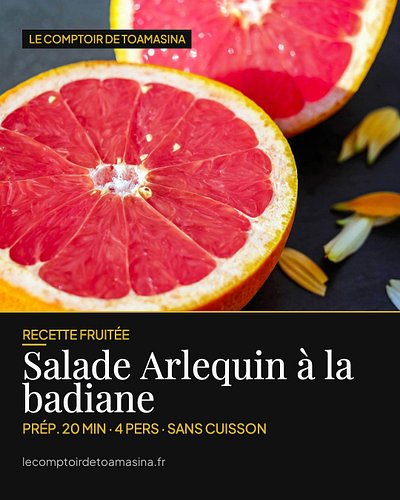✨ La salade Arlequin : pamplemousse rose, mangue juteuse et un sirop d'oranges infusé à la badiane et à la vanille de Madagas...