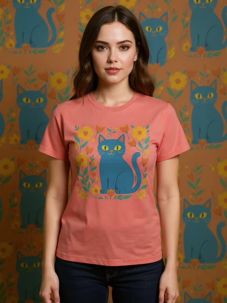 Whimsical Cat and Floral Delight T-Shirt product image (1)
