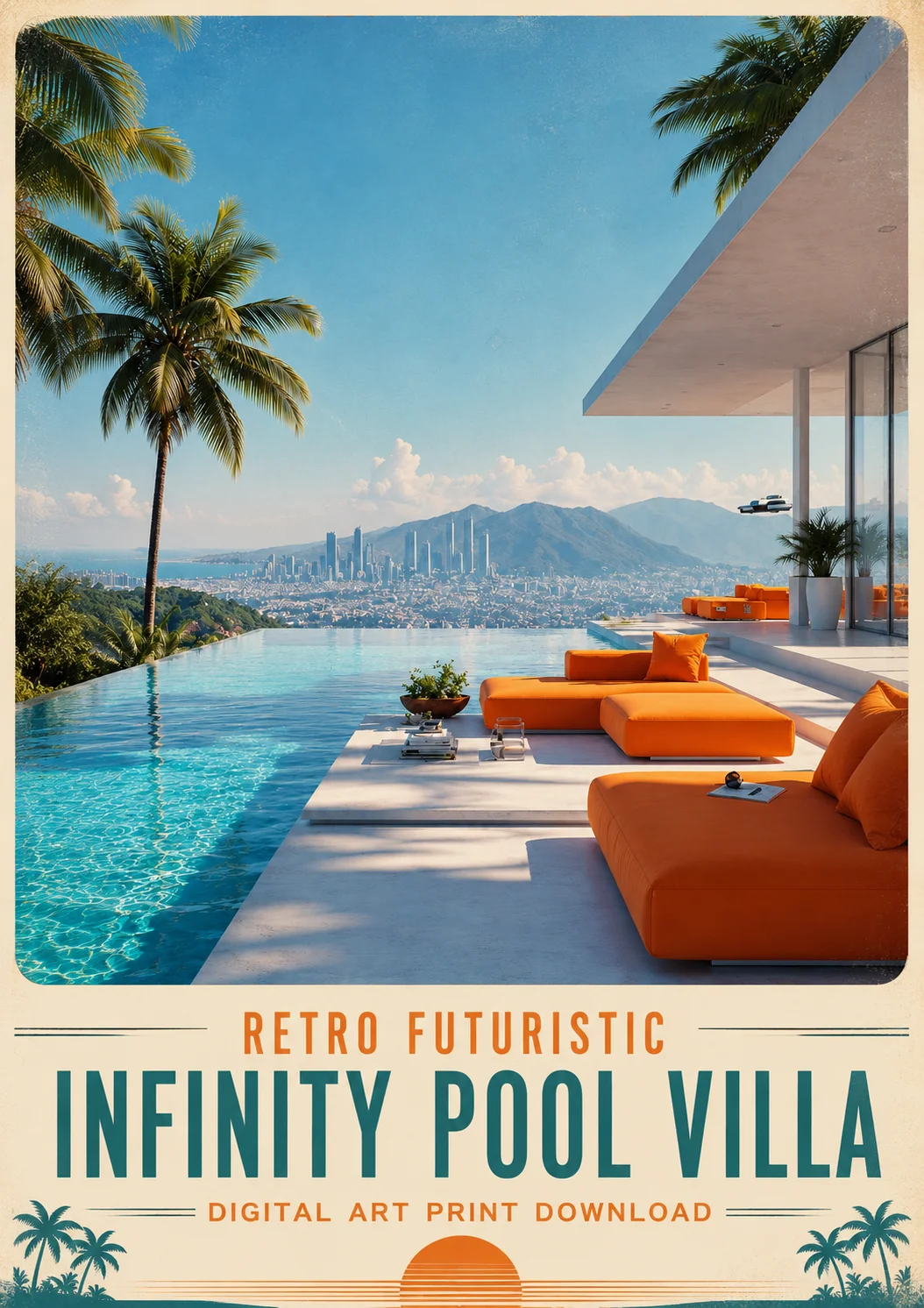 Retro Futuristic Infinity Pool Villa Travel Poster | Digital Art Download product image (1)