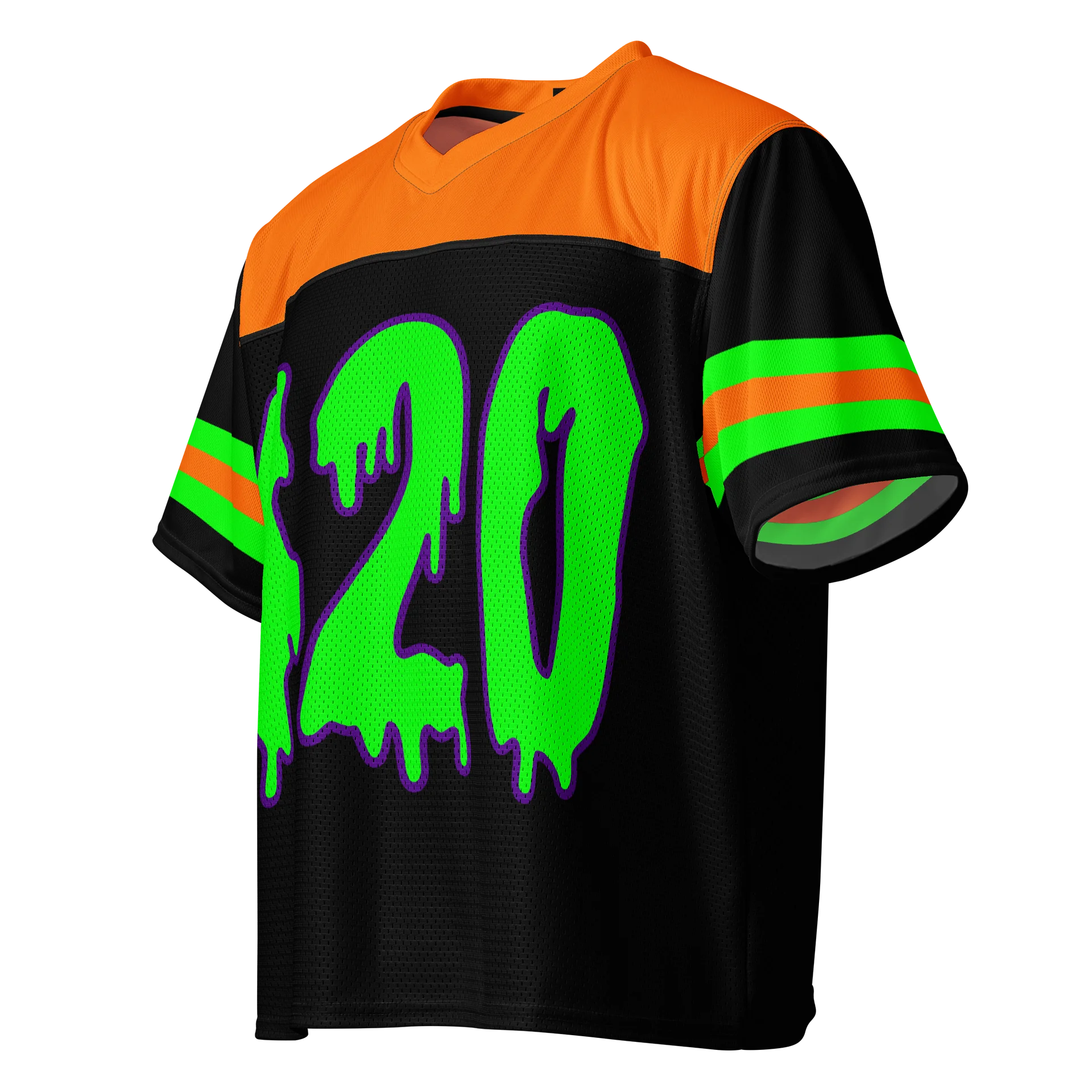 Halloween 420 Boxy Football Jersey, Rave Cannabis Shirt, EDM Stoner Clothes, Weed Fall Festival Fashion, Black Orange Neon Green Raver Top product image (3)