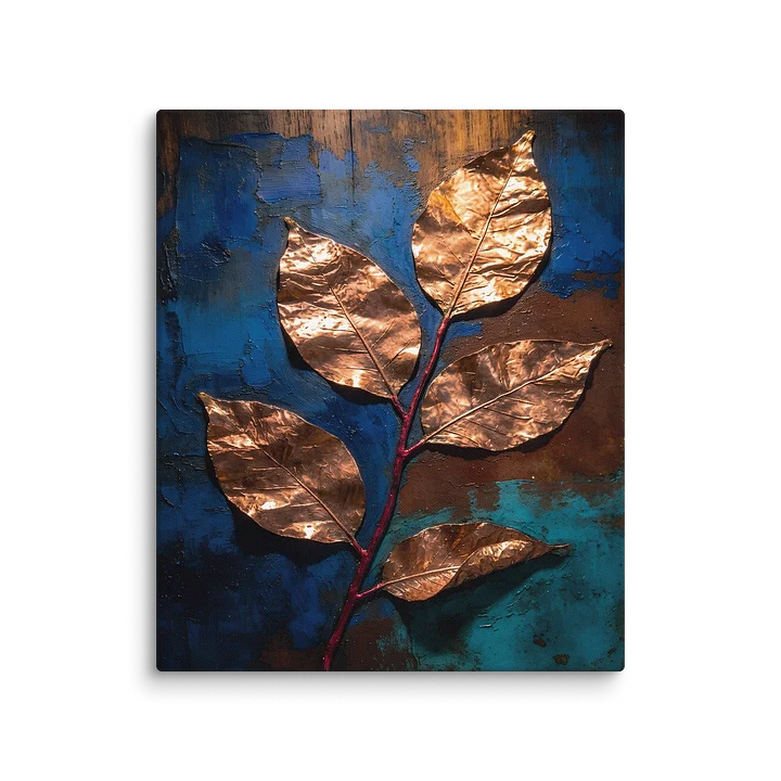 Copper Leaf Branch Wall Art | Mixed Media Botanical Canvas Print | Patina Blue Verdigris | Industrial Botanical Decor | Moody Maximalist Art product image (1)