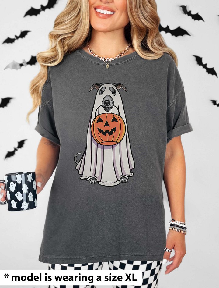 Funny Halloween Whippet T-Shirt | Funny Dog Wearing a Ghost Costume and Holding a Pumpkin Basket product image (2)