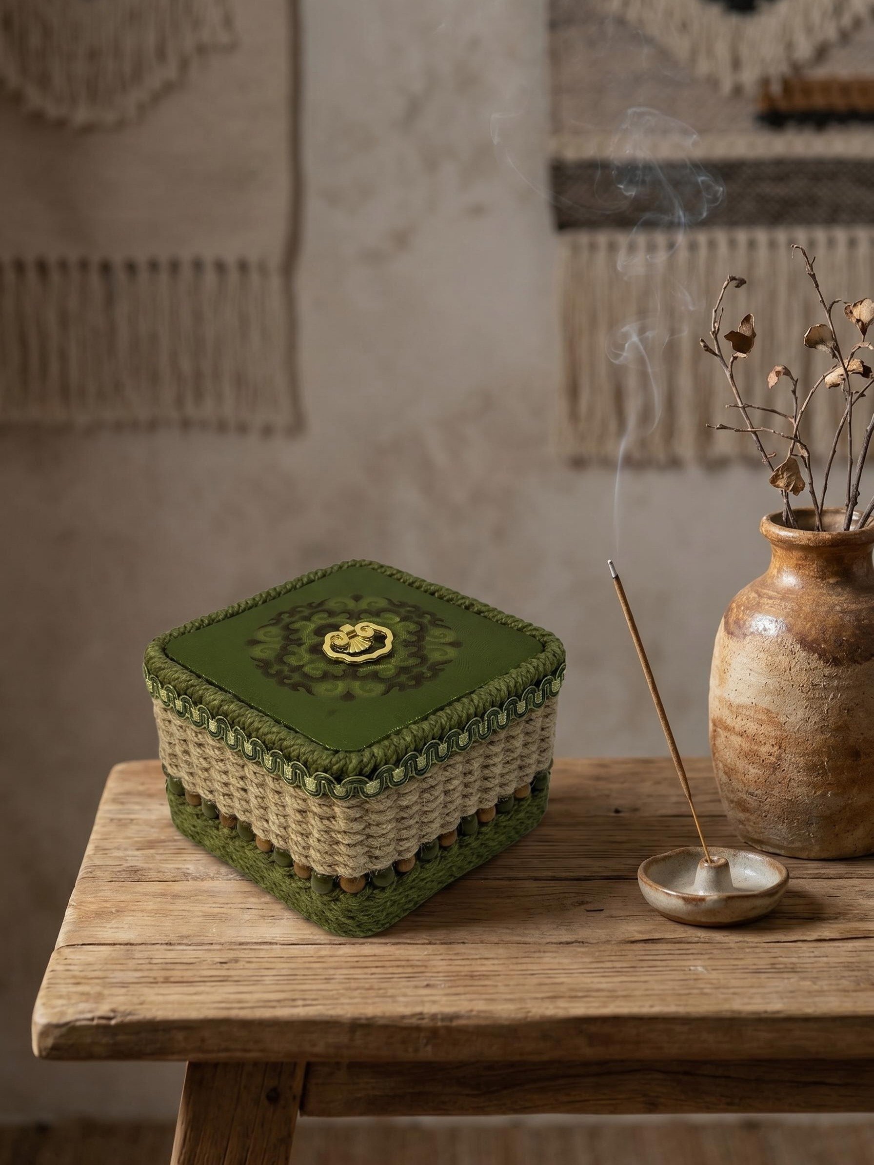 Handwoven Tibetan Soma Basket with Silk Su Embroidery | Eco-Friendly Jute Keepsake Box product image (5)