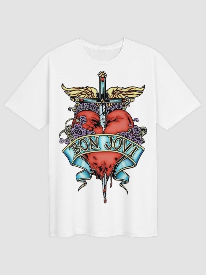 Bon Jovi Sacred Heart Winged Dagger T-Shirt | Slippery When Wet Tattoo Art Graphic Tee | Classic Rock Collector Band Shirt product image (2)