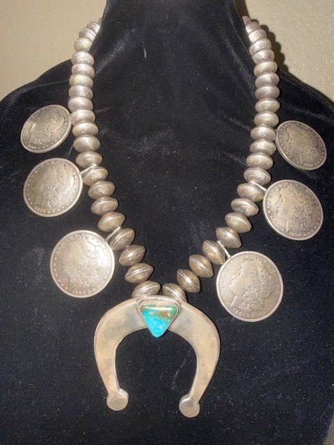 Heritage "Silver Sovereign" Royston Turquoise & Morgan Dollar Squash Blossom product image (1)