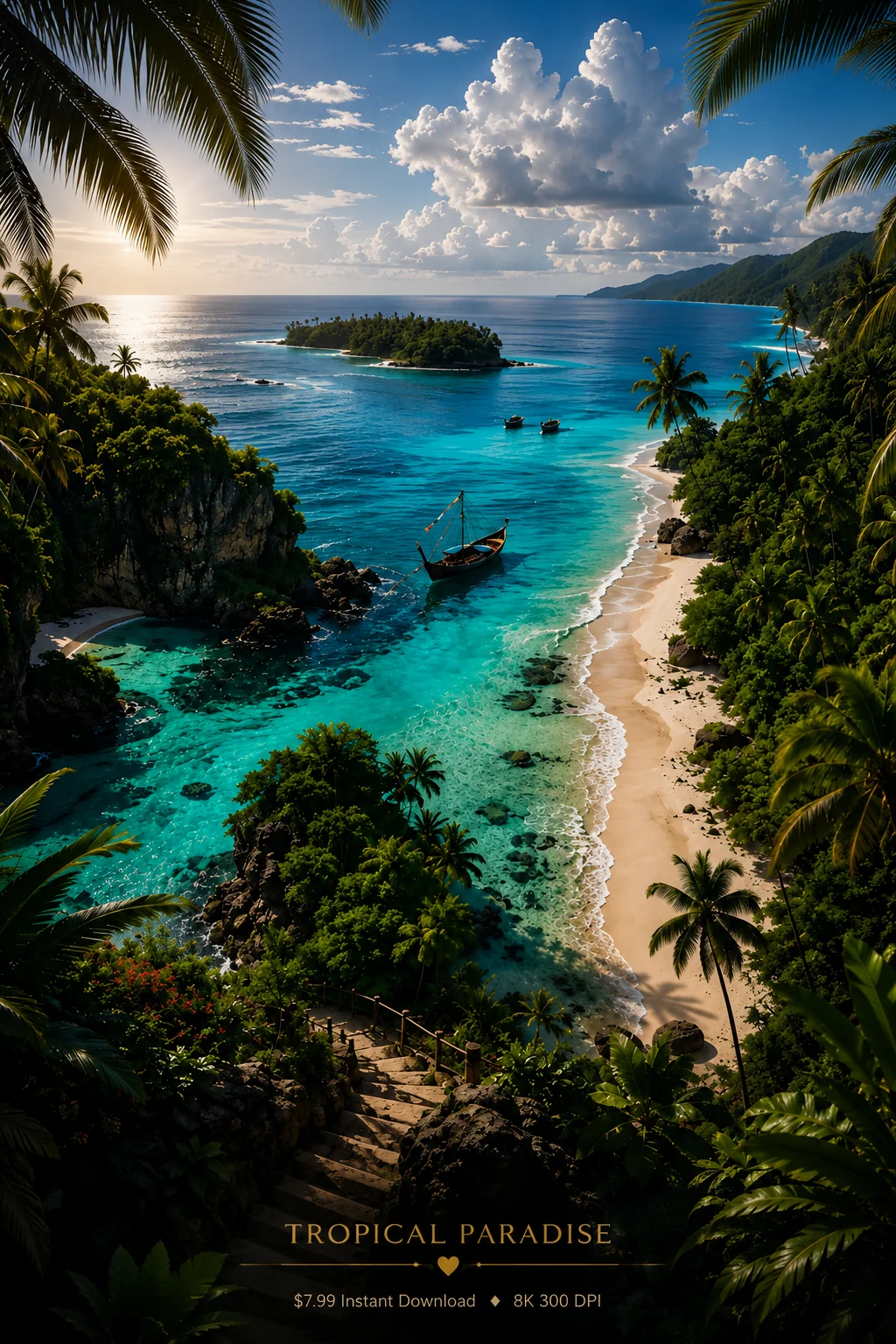 Tropical Paradise Beach Wall Art | Turquoise Ocean Printable Digital Download 8K 300DPI product image (1)