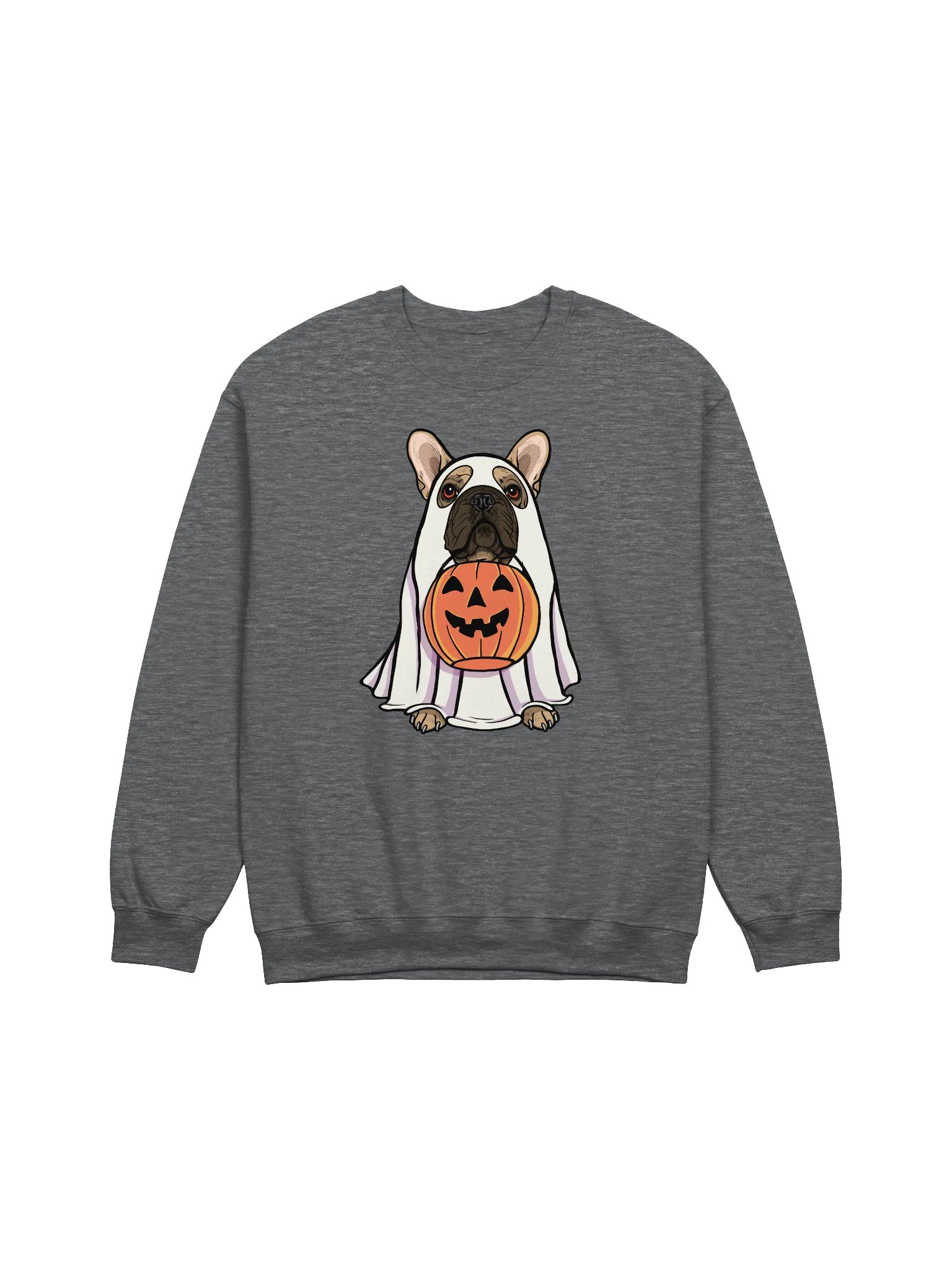 Funny Halloween French Bulldog Sweatshirt | Funny Frenchie Wearing a Ghost Costume and Holding a Pumpkin Basket product image (1)